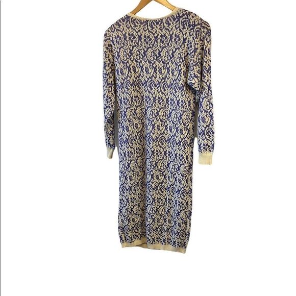 VINTAGE Knit Blue&Ivory Printed Long Sleeve Button Detail Shoulder Padded Dress - Picture 3 of 8